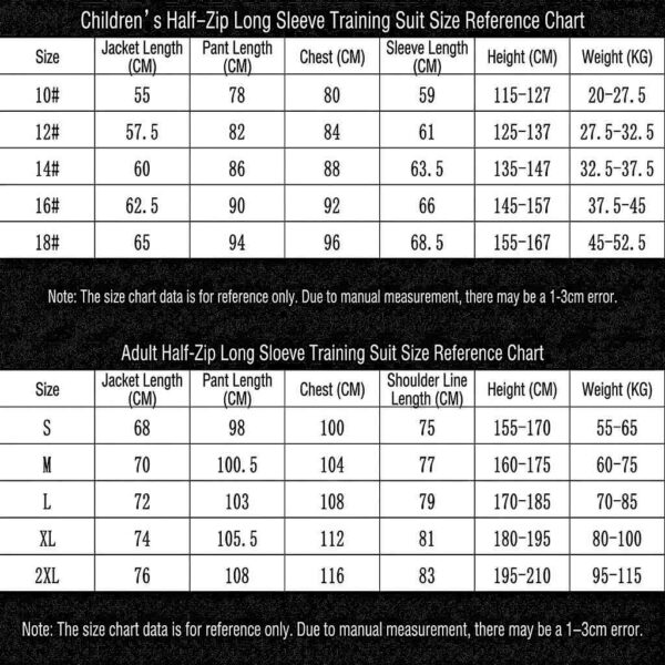 Size Chart for Professional Fidelity Soccer Kits Germany 2026 - Brazil National Team Training Suit Kids and Adults
